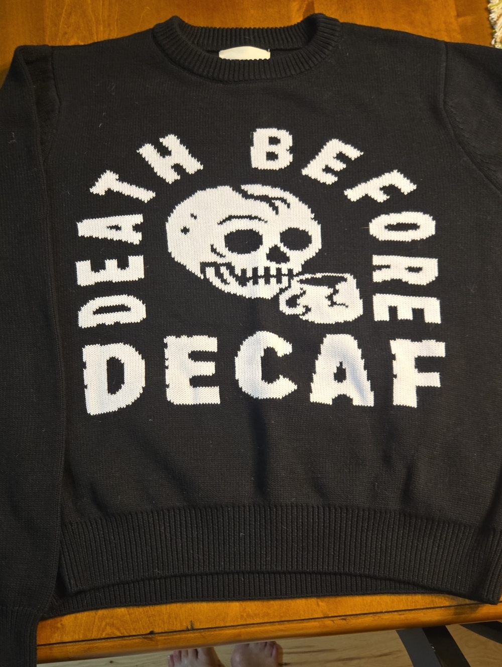Black 'Death Before Decaf' Graphic Sweater